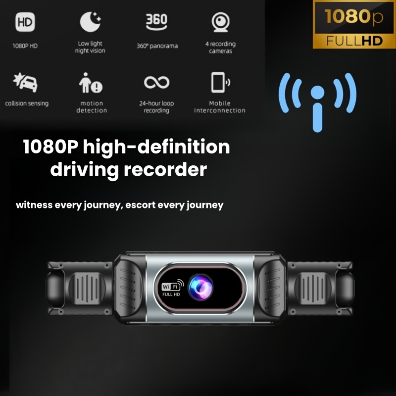360 panoramic dash cam 1080p hd recording 3 4 channel front 1080p rear   720p 3 5     in wi fi for smartphone connection   motion detection parking surveillance and 24h loop recording Product details 1