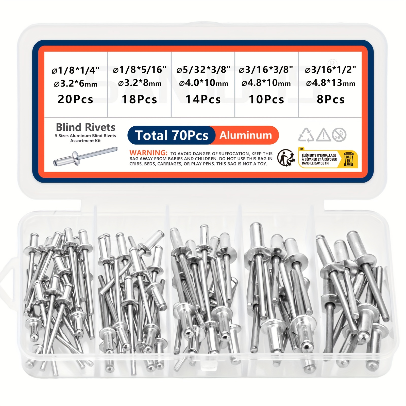 TEMU Kit de Surtido de Remaches Pop, 12 o 5 Tamaños SAE de Remaches Ciegos de Aluminio (1/8" 5/32" 3/16"), Surtido de Remaches Ciegos para
