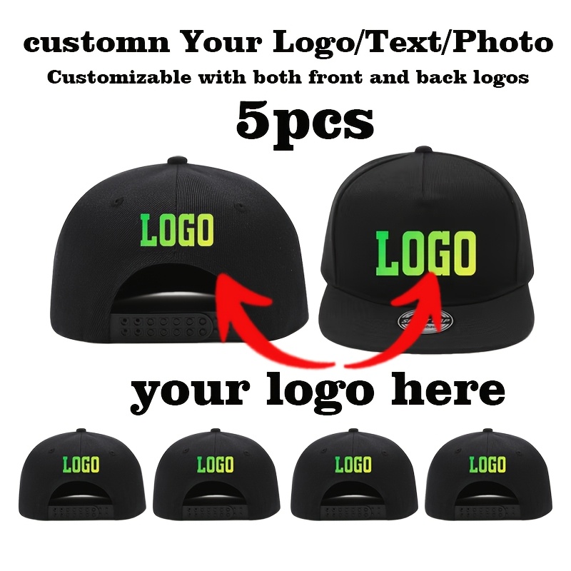 TEMU 5pcs Set Of Customizable Front And Back Men's Outdoor Sports Baseball Caps, 10 Colors From, Customizable With 2 Logos, Unisex Flat Brim Hip-hop