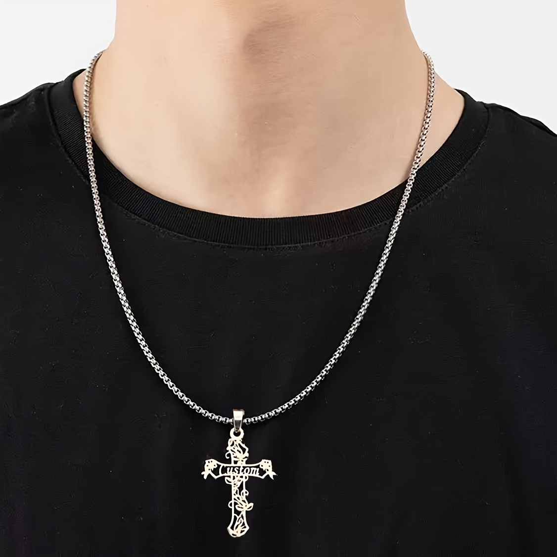 Personalized Stainless Steel Necklace with Name Engraved Cross Pendant
