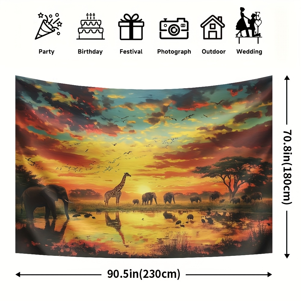 TEMU 1pc Tapisserie murale en polyester extra-large, africain vibrant avec éléphants et girafes, décoration universelle pour les vacances, facile à
