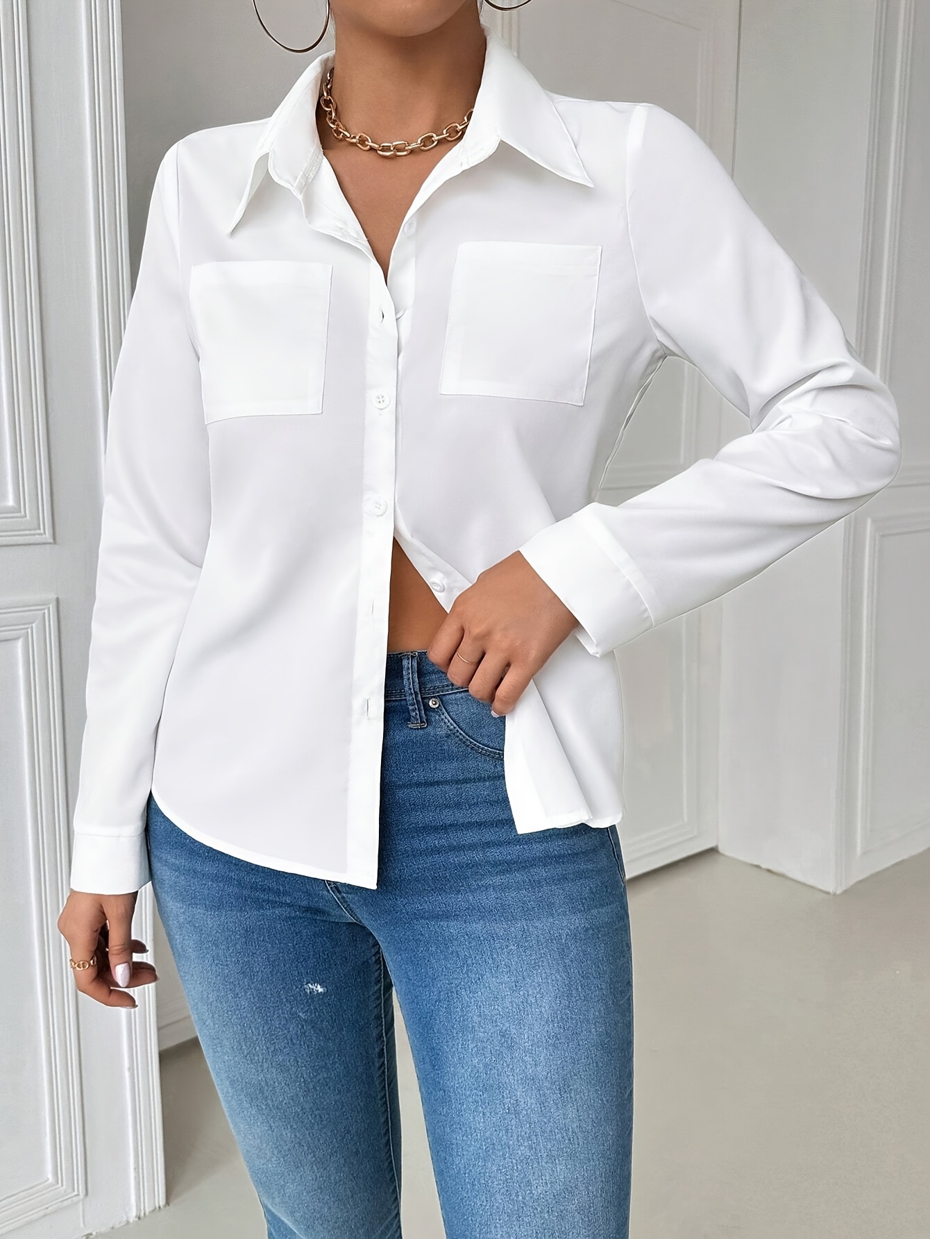 womens casual long sleeve button shirt chest pockets Temu Spain