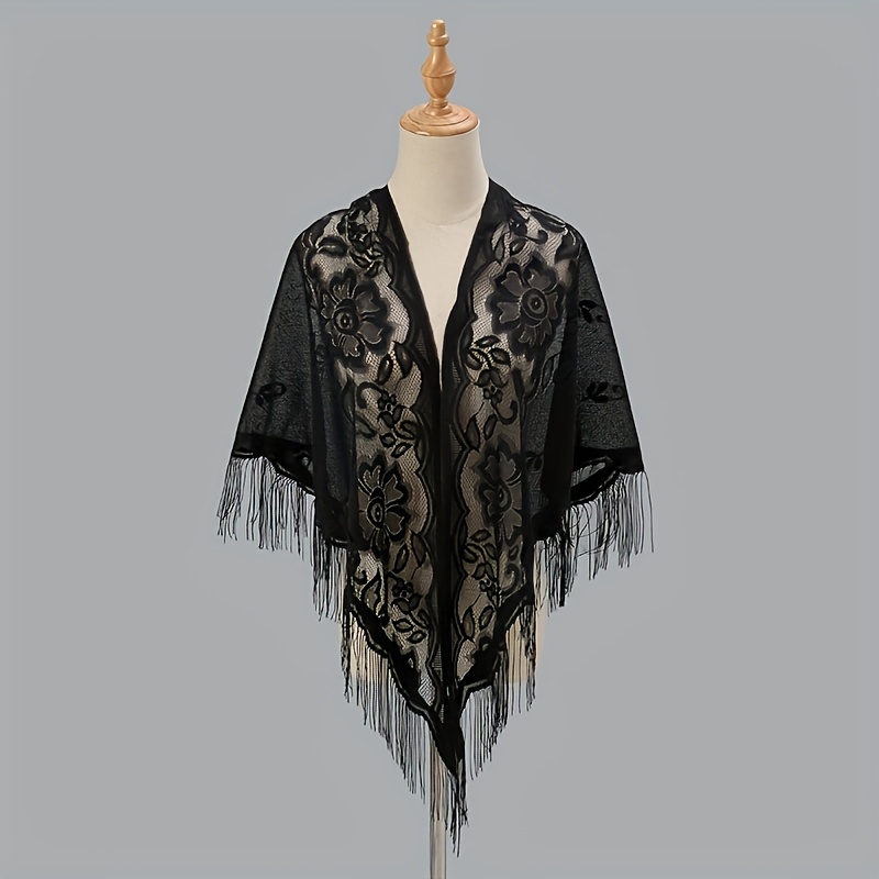 TEMU Écharpe-châle triangulaire à franges avec broderie florale tendance, châle pour robe de soirée de demoiselle d', écharpe de voyage d'extérieur,