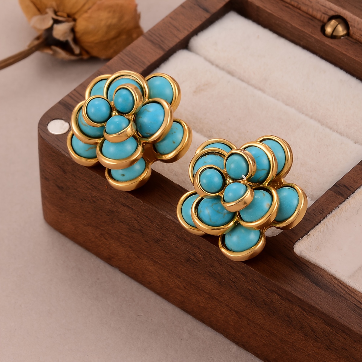 

Vintage Boho Floral Design Stud Earrings With 18k Plating And Turquoise Mosaic, Alloy Base With Silver Ear Needle, Elegant Women's Accessories For Daily Wear And Special Occasions