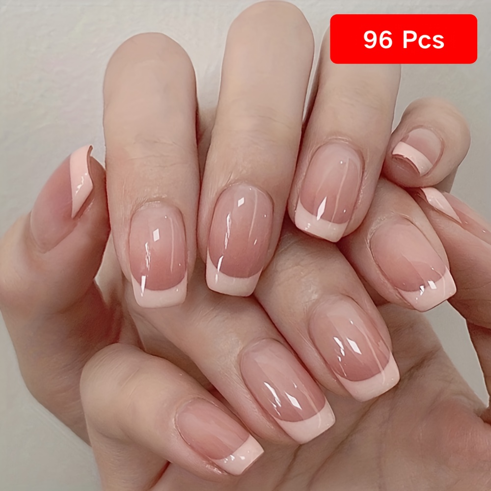 TEMU 96pcs () French Tip Press On Nails - Short Square Fake Nails In Nude Peach | Easy Application With Included Nail Glue | Reusable Acrylic Nails