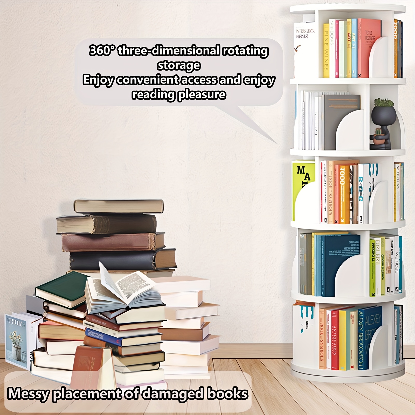 360° Rotating Wooden Book Tower, Spinning Bookshelf with 4/5 Tiers for Office, Living Room, And Room