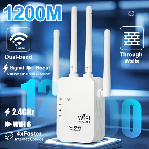 4-antennen wifi-extender signalverstärker mit 2 ethernet-ports, kompatibel für 35 geräte, -setup & 360°-abdeckung, externe antennen, plug-and-play für zuhause/büro/café, 2.4ghz reichweitenverstärker