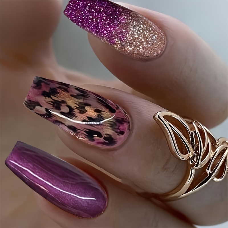 TEMU 24pcs Boîte Faux Ongles Dégradé Violet Or Foil Ombre Vacances Stickers Ongles à Coller Style Cool Moyen Printemps Été pour Fête et Rassemblement