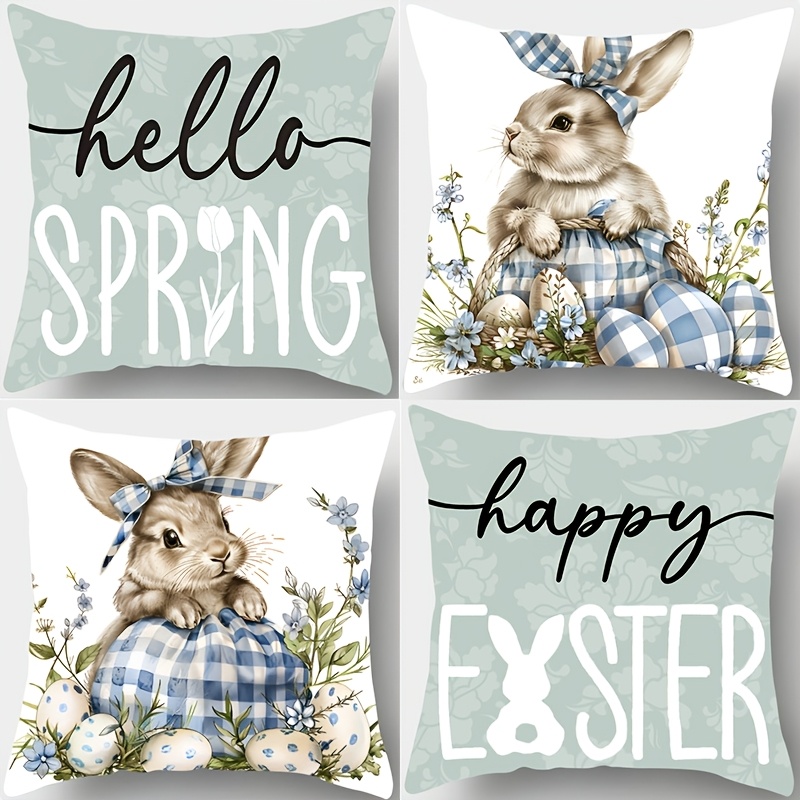 

4pcs Vintage Easter Bunny Throw Pillow Covers, Rabbit & Checkered Egg Design, Machine Washable, Zipper Closure, Woven Polyester Decorative Cushion Cases For Living Room Sofa - 17.72" X 17.72