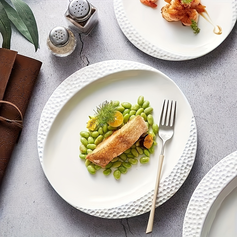 Hammered Edge Pure White Ceramic Dinner Plates, Nordic Ins Style Embossed Textured Plates, Multi-Size Flat Plates for Home, Steak Plates for Restaurant, Trendy Tableware Set