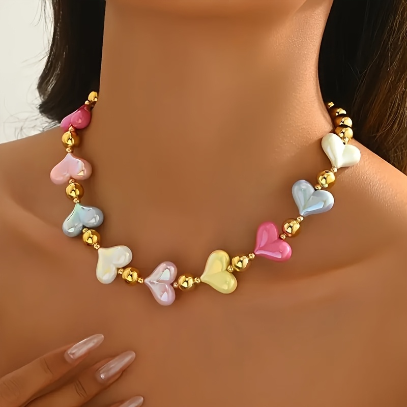 TEMU Collana con Perline a Forma di Cuore Colorata, Stile Boh矇mien Estivo per Donne, per Vacanze , Commemorazione Festiva e Regali