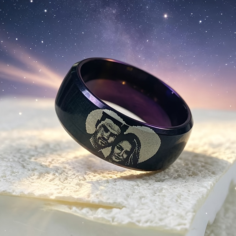 TEMU Custom Laser Engraved Photo Matte Purple Ring Stainless Steel Laser Engraved Couples' Wedding Bands Memorial Tokens