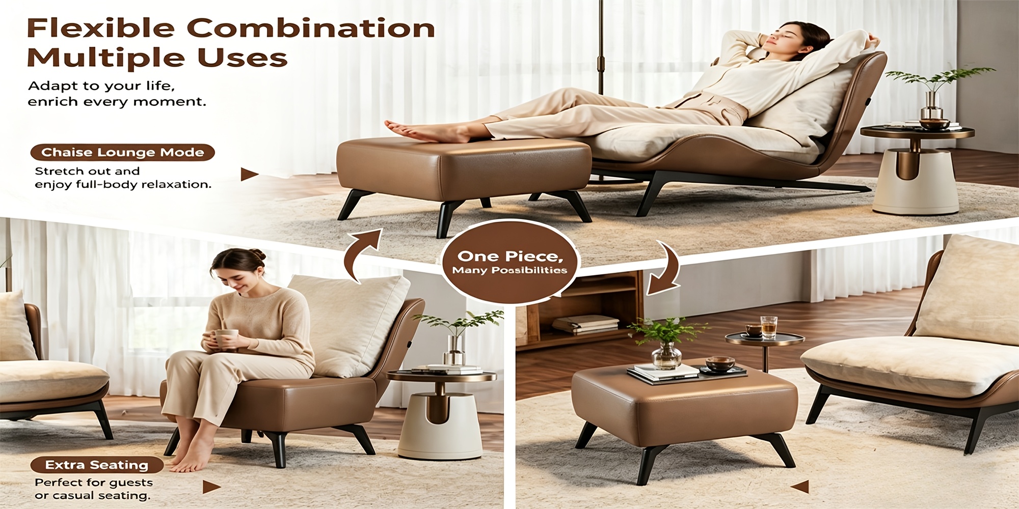 Modern Single Sofa Chair with Ottoman Footrest - Comfortable Armchair with Armrests, Solid Wood Frame & Cushioned Seat, Beige/ Brown/Black/Navy Blue/Gray Upholstered Fabric Accent Chair for Living Room, Bedroom, Balcony - Easy Assembly Required, Space-Saving Design, Foam Padding & Sturdy Hardwood Construction, Minimalist Style, Versatile for Reading or Relaxing