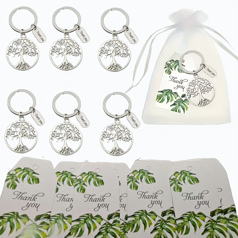 E-shop 36-teiliges Lebensbaum-Schlüsselanhänger-Geschenkset, 12 Sets, inklusive 12 grünen Blatt-Dankeskarten, 12 weißen Organzabeuteln 12 hohlen