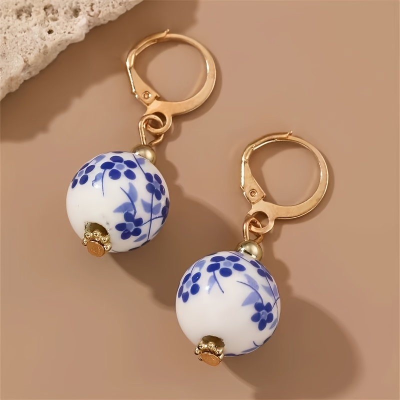 TEMU 1 Par de Aretes Minimalistas de Estilo Vintage Chino con Cuentas de Cerámica de , de Porcelana Azul y Blanca