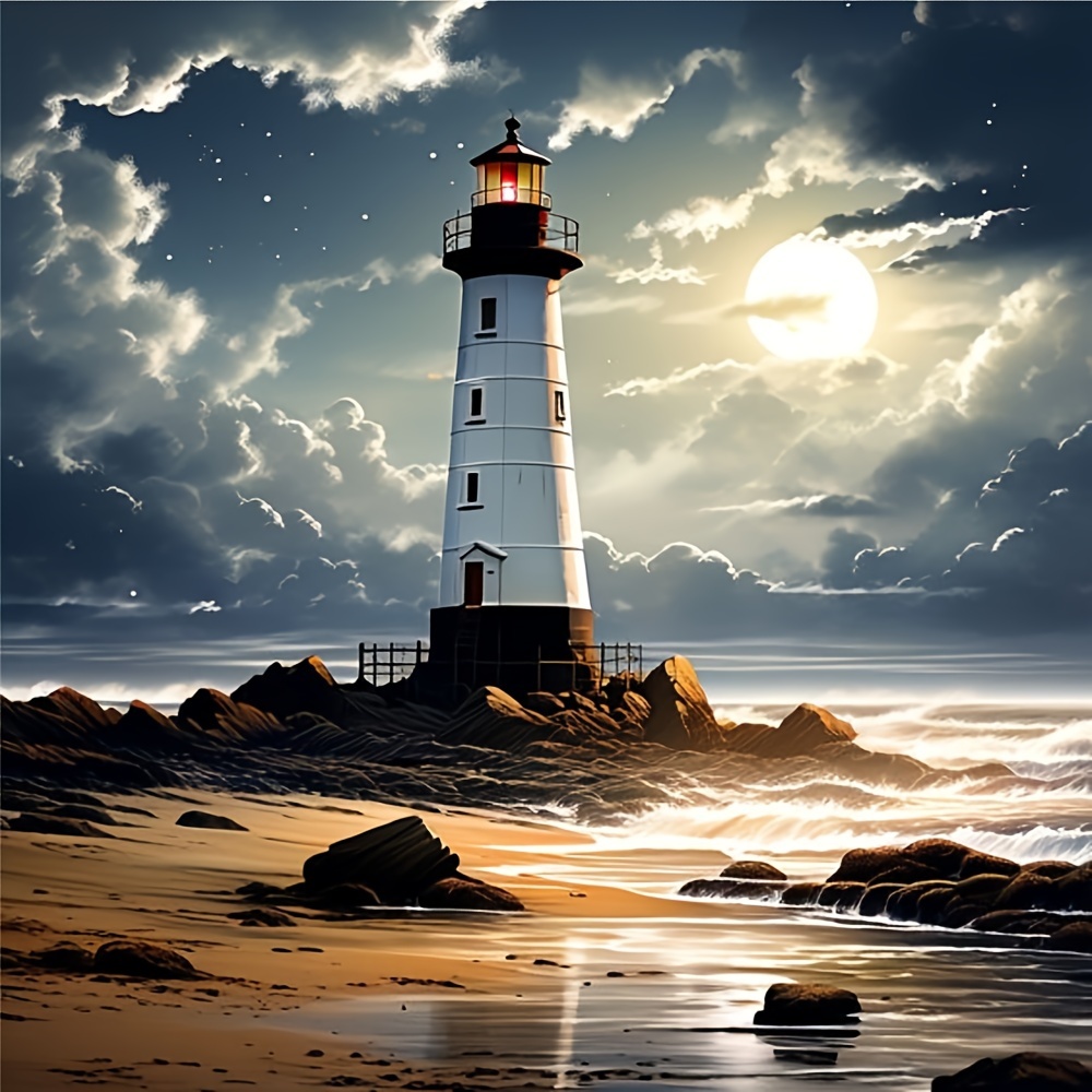 

5d Diamond Painting Kit Lighthouse Landscape | 19.69x19.69 Inch Round Acrylic Diamonds | Diy Art And Craft | Home & Office Wall Decor | Complete Set With Waterproof Canvas & Tools