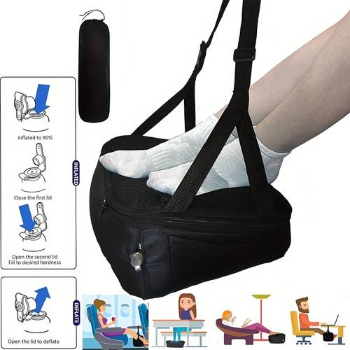 imagen del artículo un reposapiés ajustable multifuncional con una tabla de soporte inflable extraíble, hamaca para pies portátil para aviones, escritorio para pies, para viajes y uso en , junto con accesorios de viaje de almohada inflable.