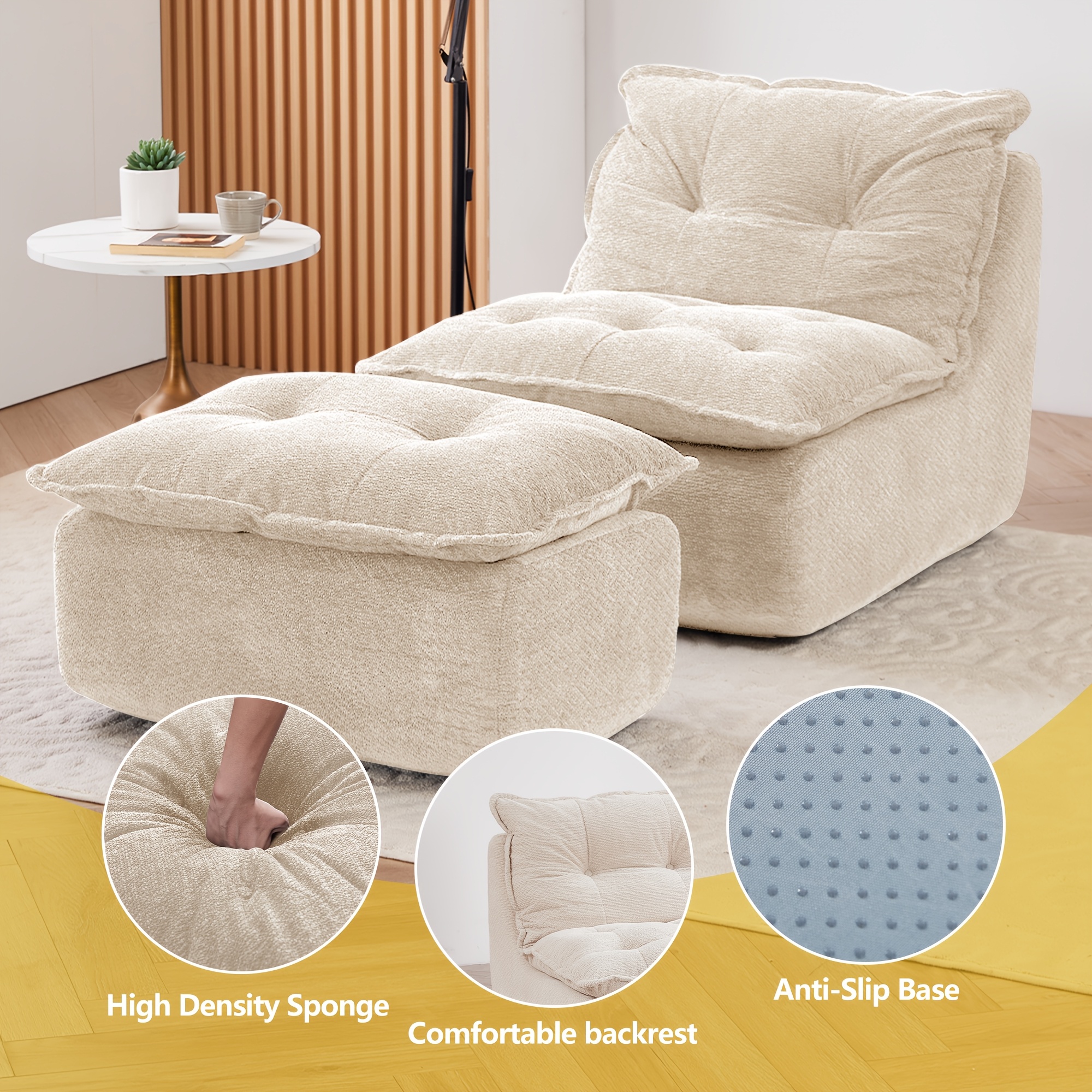 MCQ Single Recliner Chair with Footrest - 62.2-inch Foam Floor Lounger, Boneless Modern Bean Bag Sofa Suitable for Bedroom or Living Room, Cloud Bed for, No Assembly Required, Space-Saving