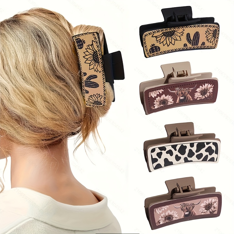 TEMU 4pcs Vintage Western Leather Hair Clips Set, Elegant Oblong Animal Print Shark Clips, Large Hollow-out Design For High Ponytails, Assorted Patterns