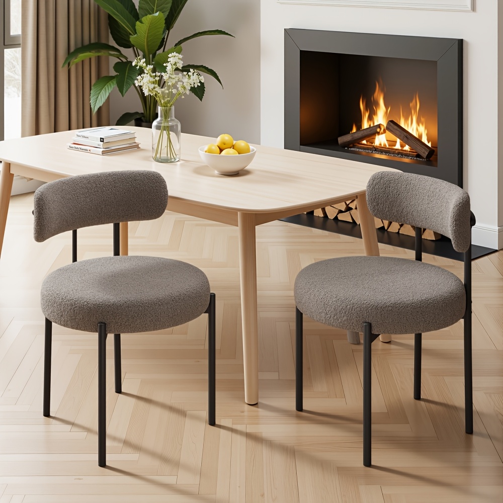 Image of Set Of 2 Dining Chairs, Padded Kitchen Chairs With Teddy Velvet, Suitable For Living Room, Dining Room And Bedroom, Leather: Brown, Beige. Teddy: White, Yellow, Light Brown, Black