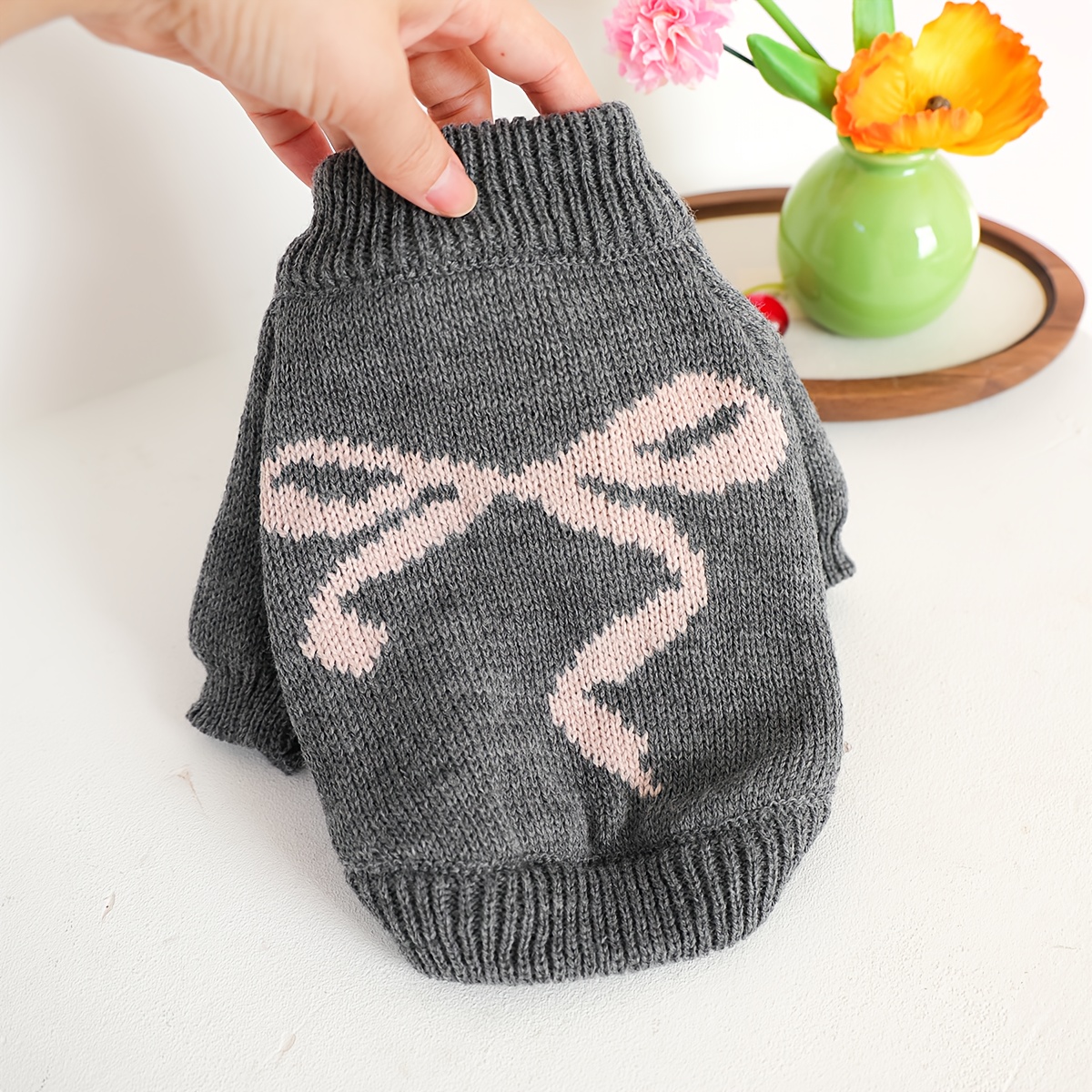 TEMU 1pc Pet Clothes, Gray Jacquard Bow Sweater For Cats And Dogs, Comfortable Warm Outfit For Fall Winter, Pullover Style