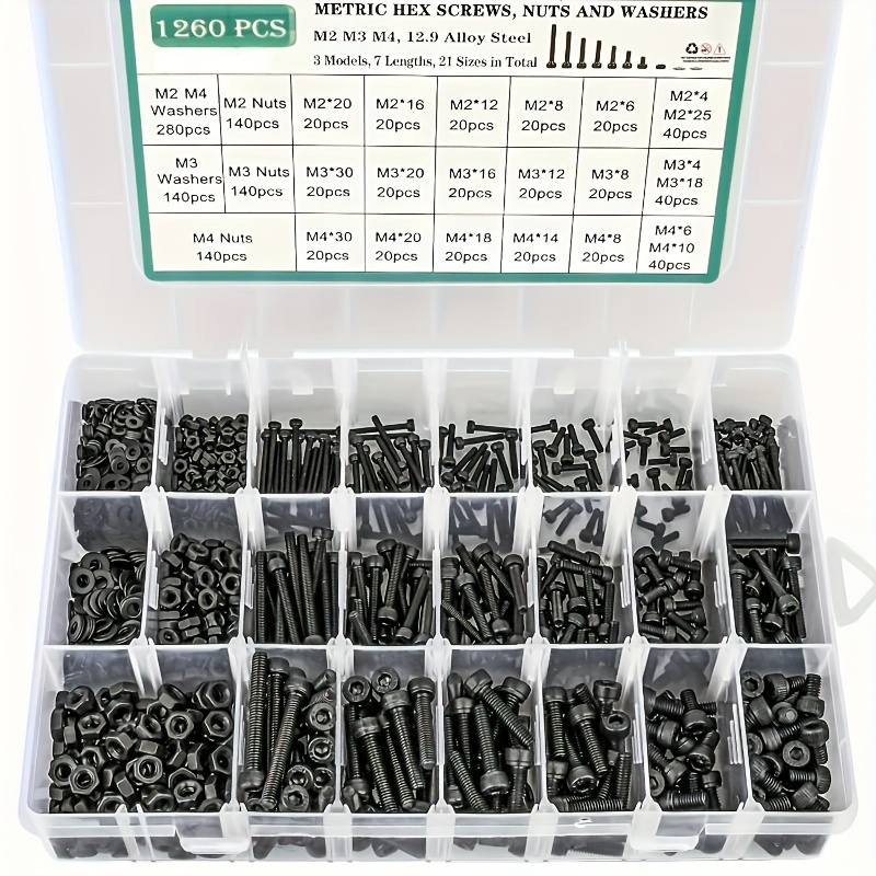 

1260pcs Metric Bolt Assortment M2 M3 M4, 21 Sizes 4mm To 30mm Upgraded Zinc Plated Hex Socket Head Cap Machine Screws, 12.9 Alloy Steel Bolts And Nuts Kit Screws Nuts And Washers