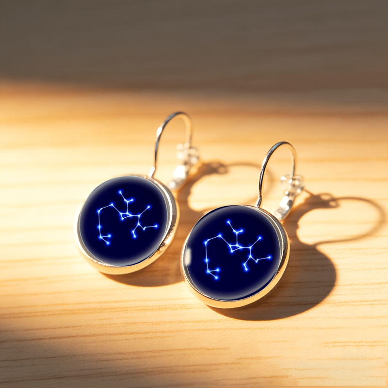 2pcs Round Glass Inlaid Base Earrings, Unique Starry Design