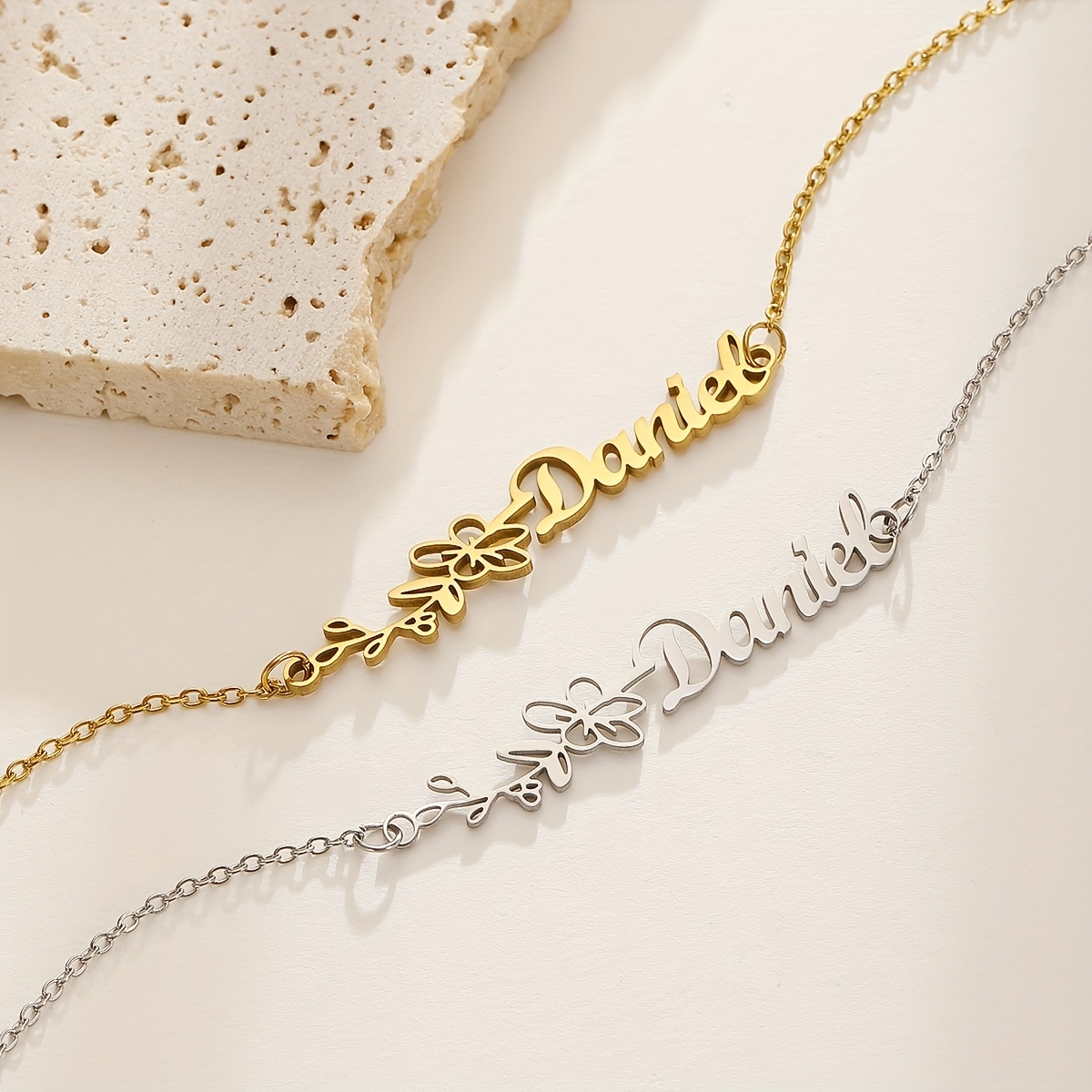 Personalized Birth Flower Name Bracelet, Minimalist Floral Design