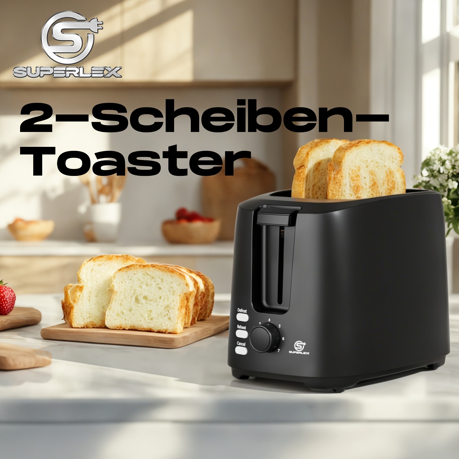 E-shop SUPERLEX Mattschwarzer 2-Schichten Kompakt-Toaster, 7 Bräunungsstufen, 750W Schnellaufheizung, Gefrierfunktion & Aufbewahrung Multifunktionale