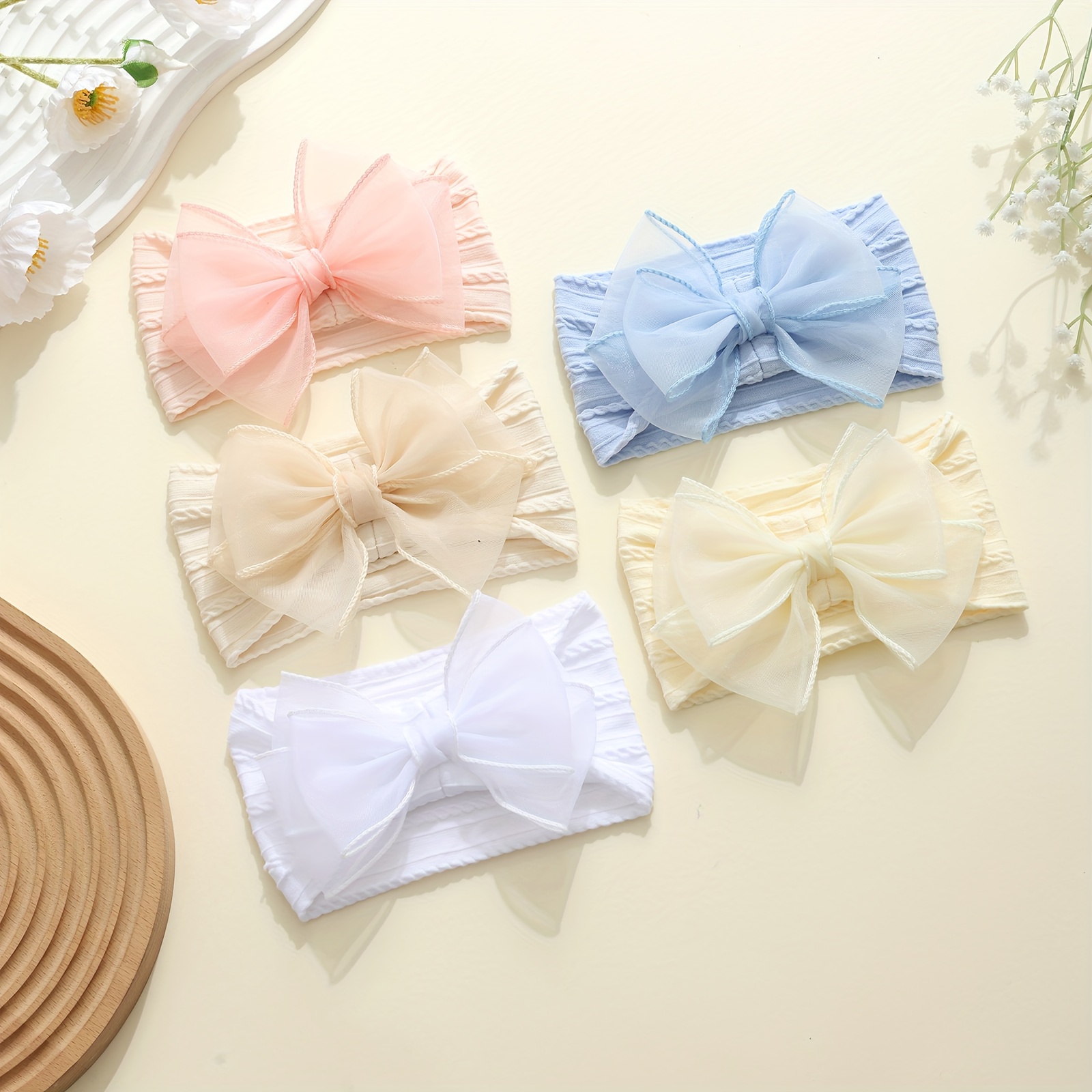TEMU 5pcs Set Nylon Hairbands With Large Bow Ties | Soft, Comfortable, Elastic, , Mixed Colors, Fashionable Knit Fabric, Suitable For Teens - Jralon