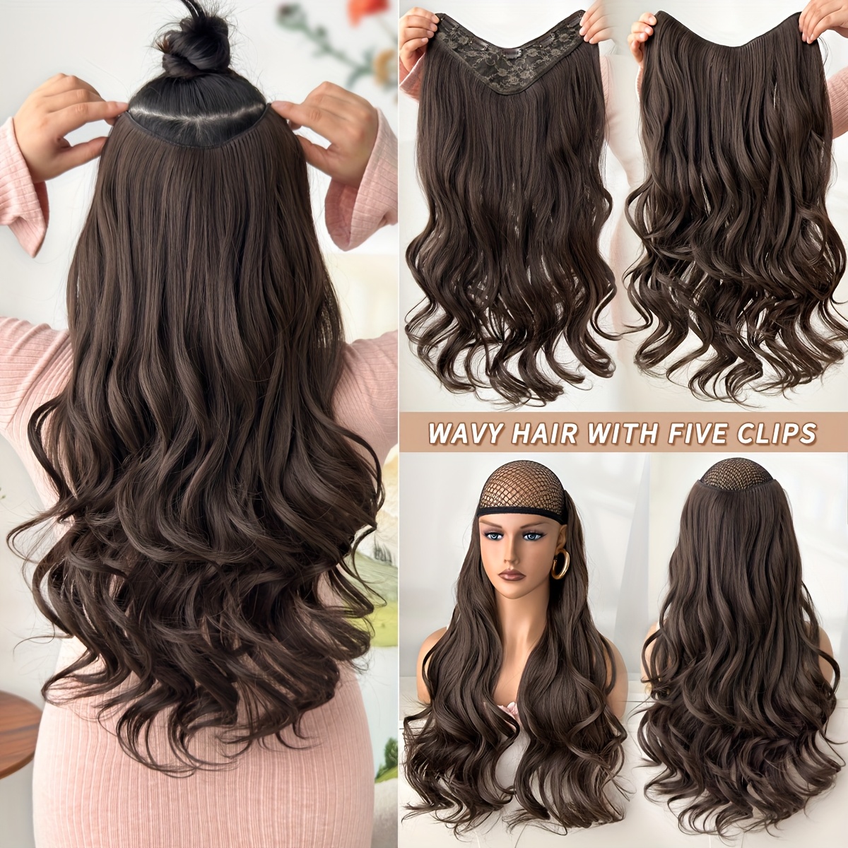 TEMU Extension per Capelli a Clip Ombre a V 24 Pollici Lunghezza Corpo Fibra Resistente al Calore per Donne e Ragazze, per Feste e Uso