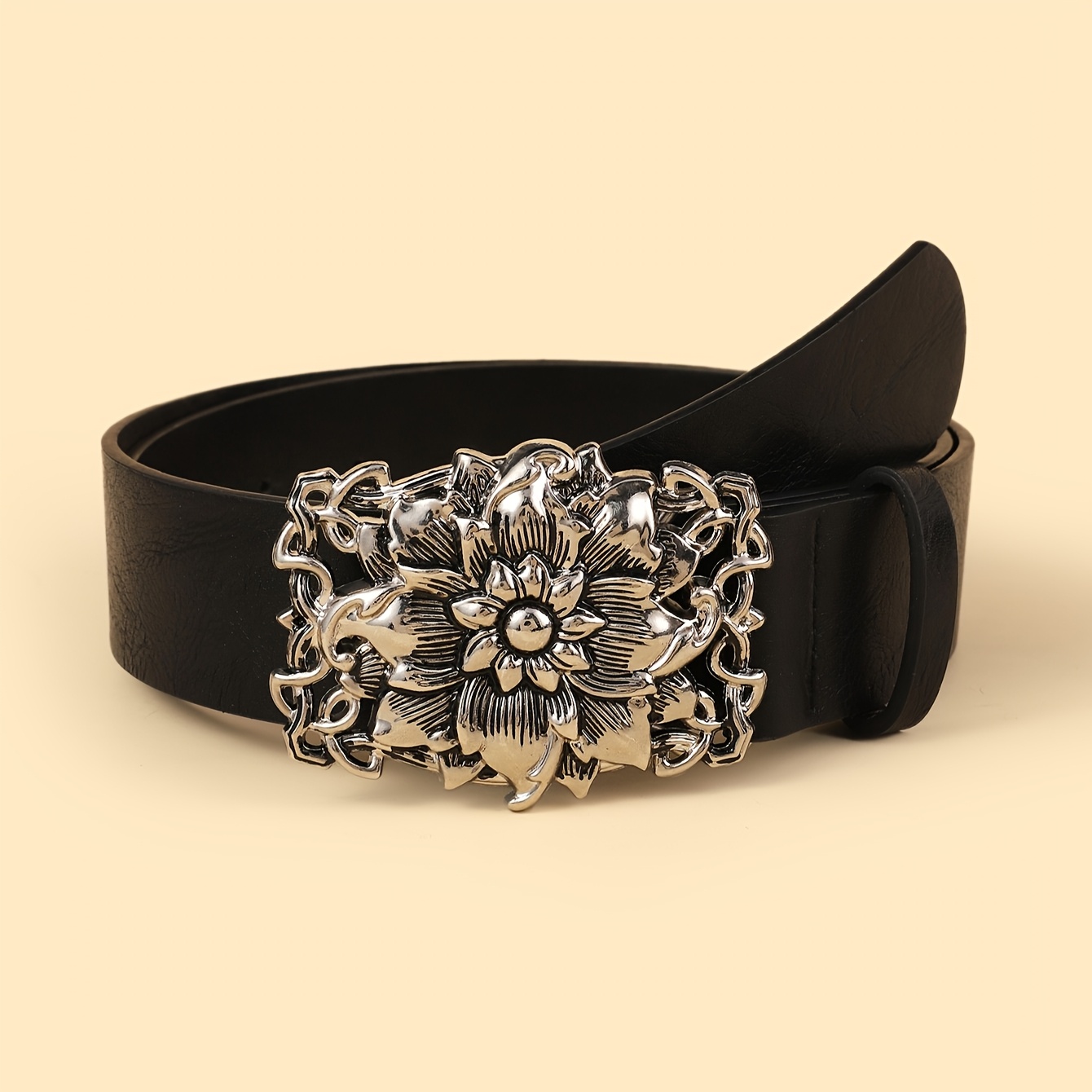 Image of 1pc Women's Pu Vintage Irregularly Shaped Carved Ethnic Bohemian Style Unisex Belt For Dresses And Jeans, Suitable For Daily Casual