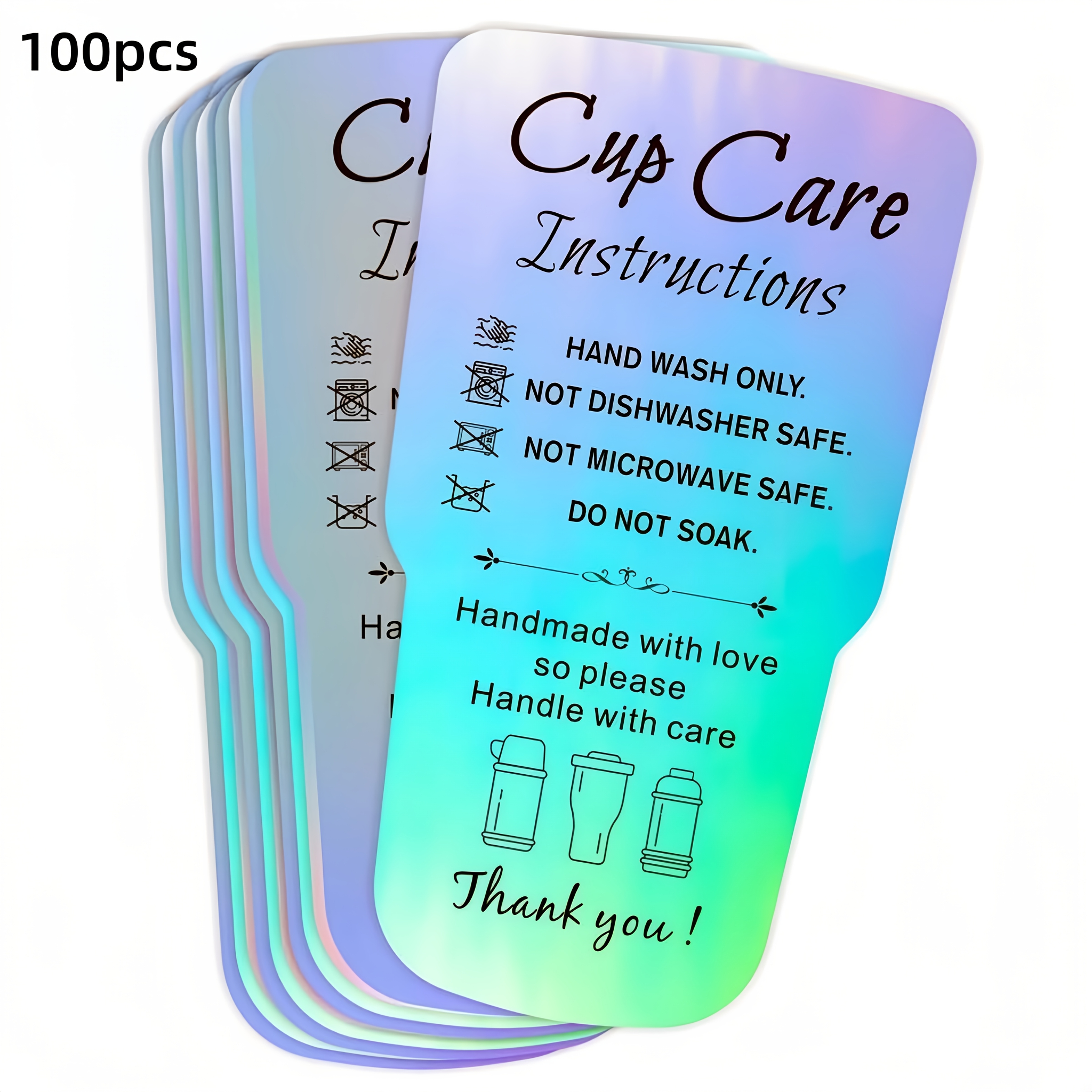 TEMU 20/100 cartes de soin de tasse avec instructions, cartes de remerciement holographiques faites à pour gobelets, tasses, petites entreprises