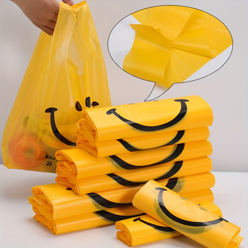 50pcs Smile Face Yellow Plastic Bags Disposable PE Bags with Seal  for Grocery Shopping, Food Takeout