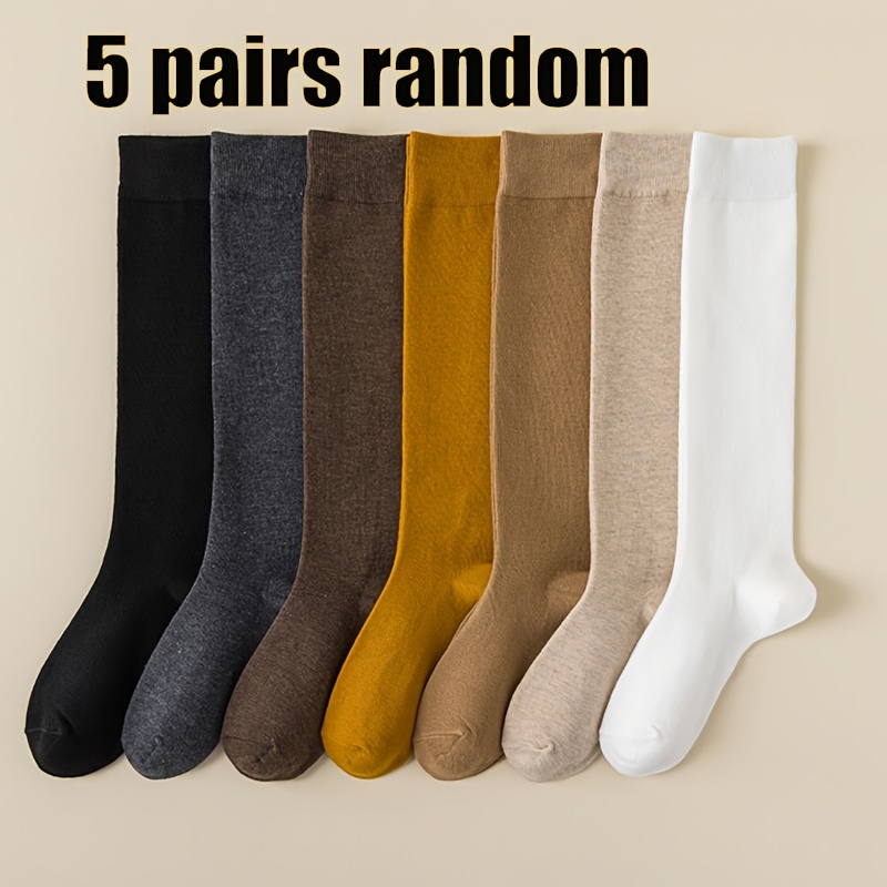 TEMU 5-pair Women' Socks - Soft Stretchy Elastic Uniforms, Stackable Mid-calf Long Socks With Options, Random Colors For Daily Wear & Uniform Outfits
