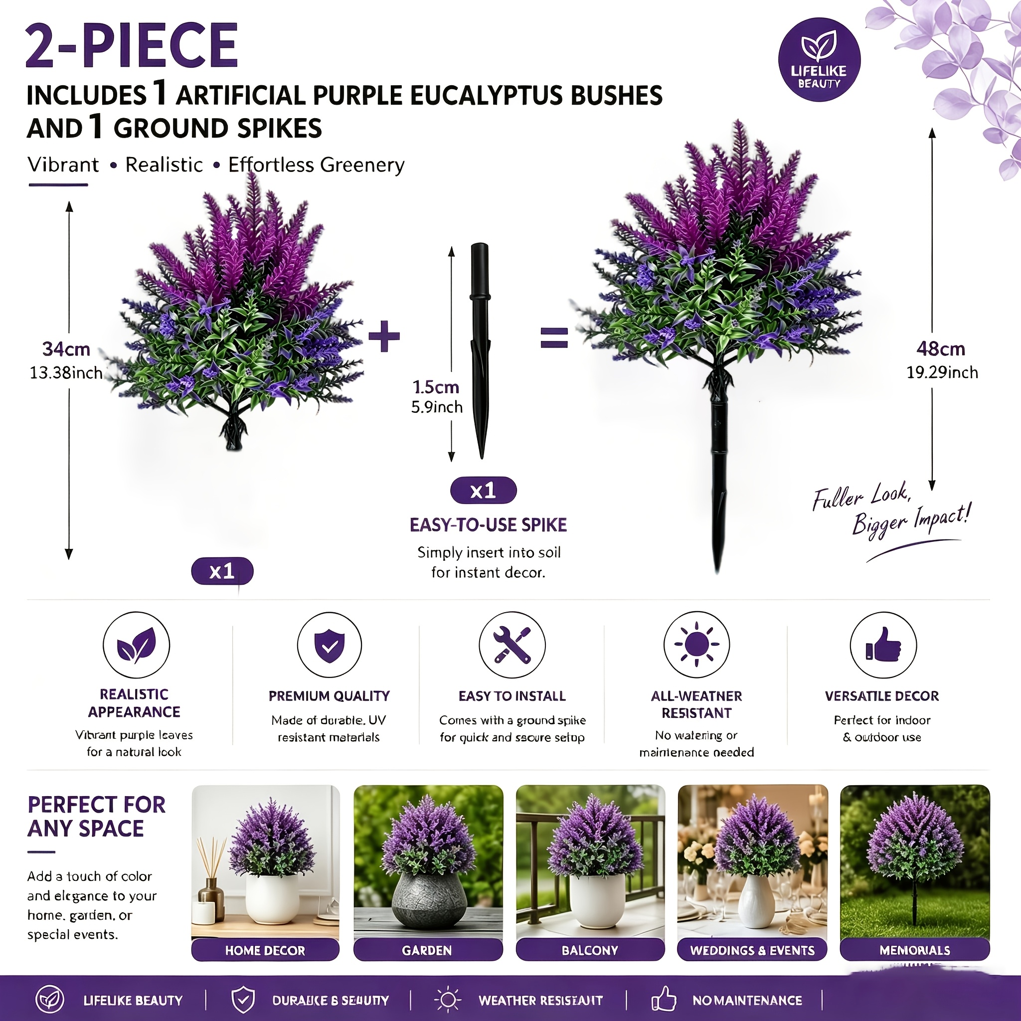 TEMU 2pcs Set Purple Artificial Outdoor Lavender And Ground Plug - Suitable For Indoor/outdoor Use, Living Room Decoration, Garden And Front Door