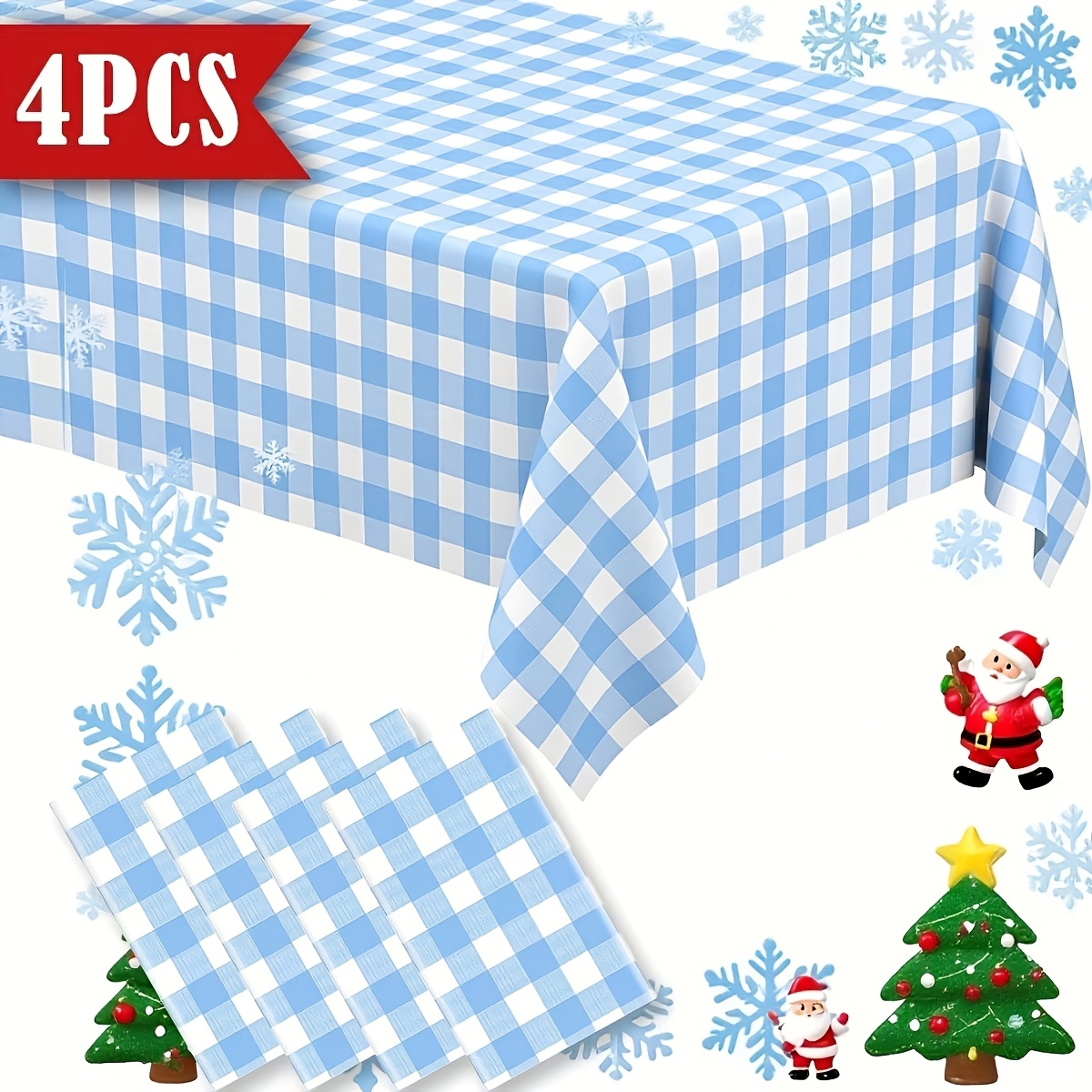 TEMU 4pack Light Blue And White Checkered Disposable Plastic Tablecloth 54x108 Inches Rectangular Plastic Tablecloth For Dinner Parties And Wedding