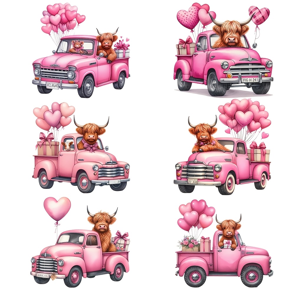 

6pcs Valentine's Day Vinyl Heat Transfer Stickers, Cow & Truck Design, Diy Iron-on Patches For T-shirts, Washable And Decals For Clothing And Fabric Decor