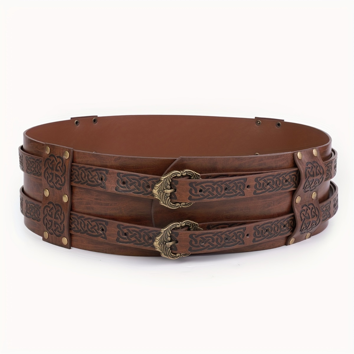 

1pc Retro Medieval Embossed Wide Brown Pu Belt With Rivets And Western Buckle - Plus Size - Men's Knight Style Belt For Daily Wear, Costume, Performances