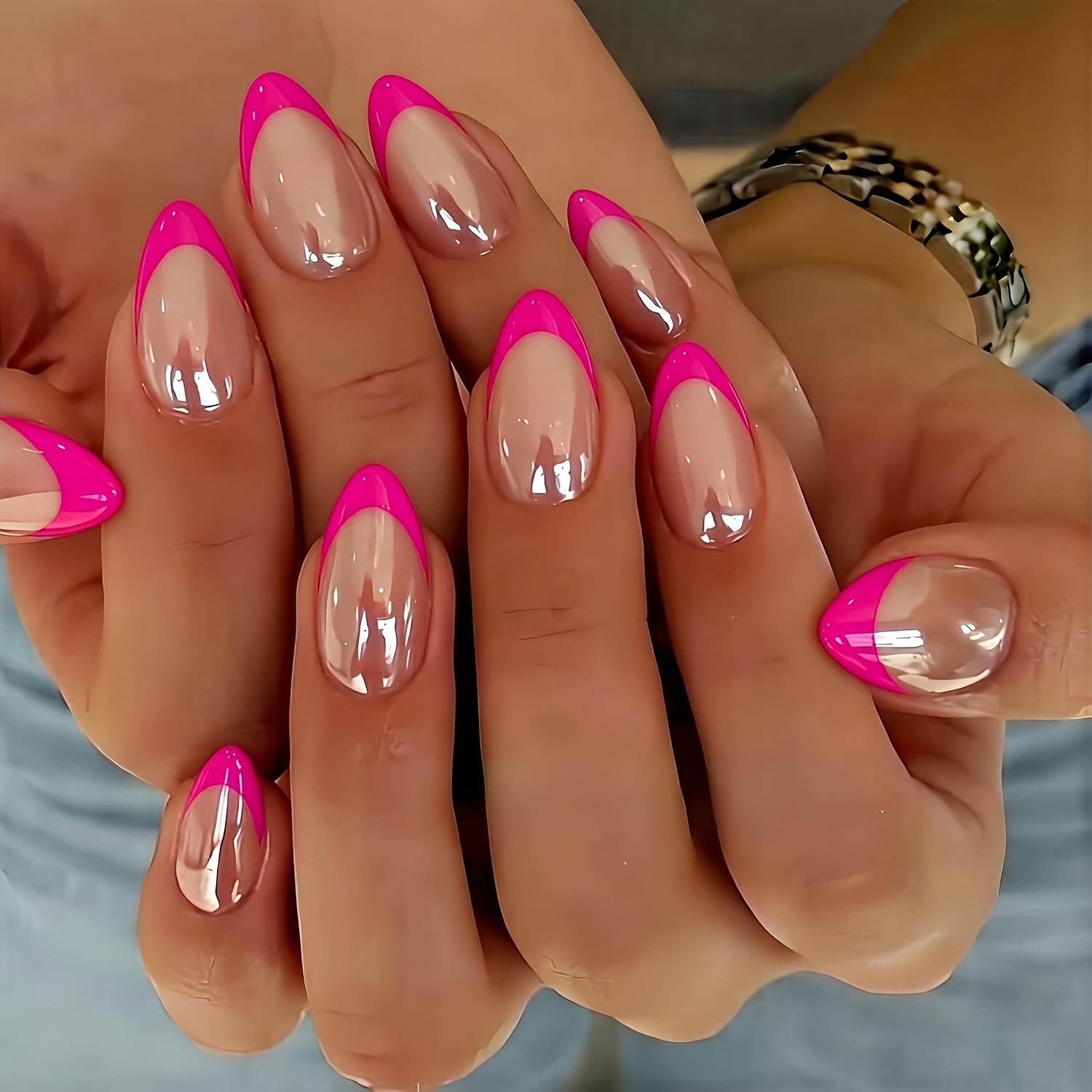 TEMU 48 stuks French Tip druk-op nagels geschikt voor dames & heren, medium amandelvorm felroze geglazuurde bling kunstnagels met voorgevormde tips,