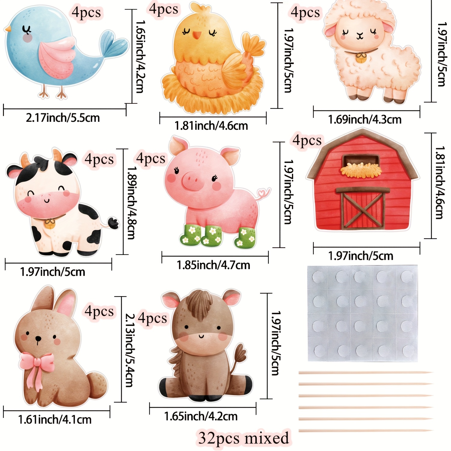 Image of 32pcs Of Cartoon Farm Animal Cupcake Decorations Featuring Pig, Cow, And Horse On Bamboo Sticks, Perfect For A Birthday Celebration And Cake Embellishments
