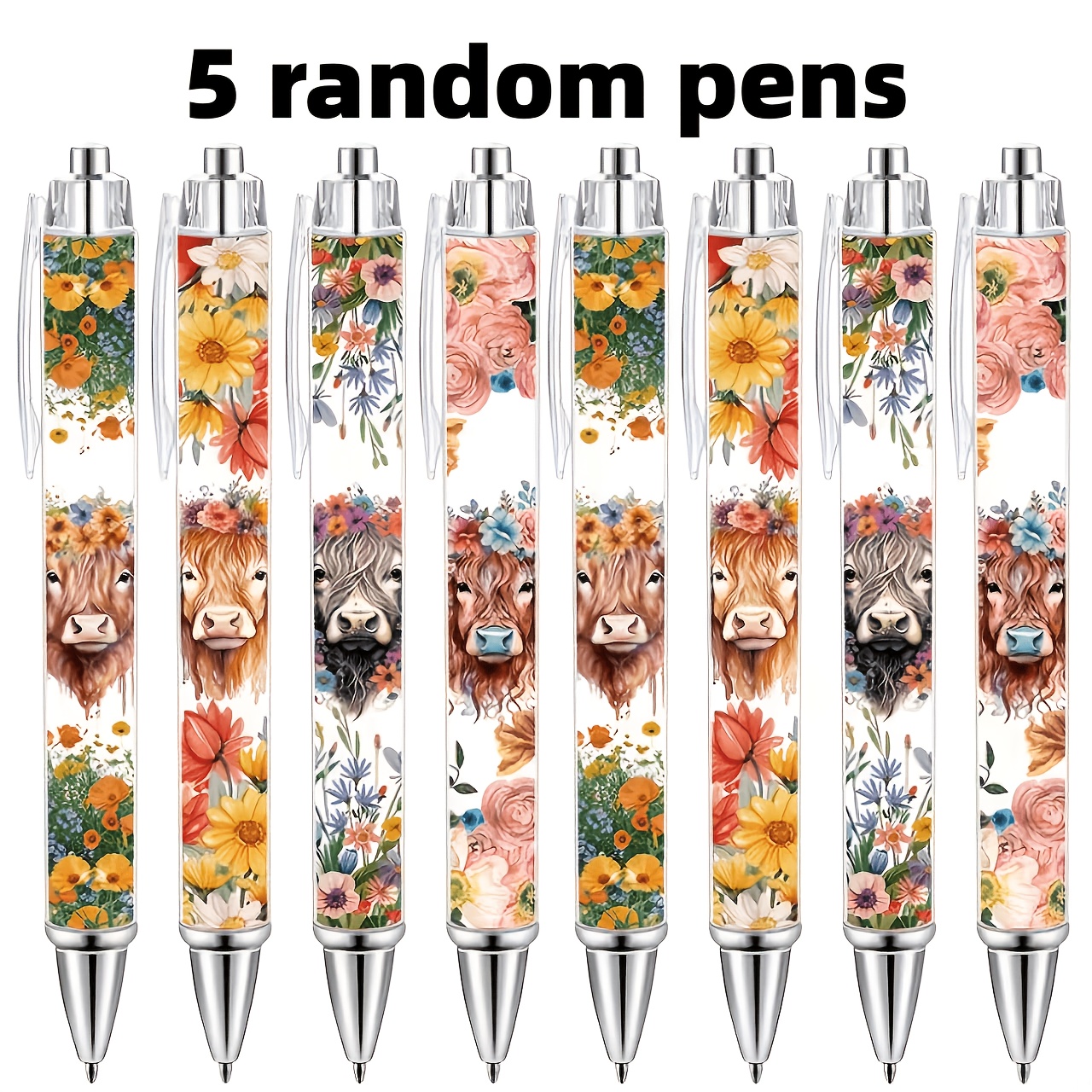 TEMU 5pcs Highland Cow Flower Ballpoint Pen Set, Random Style Cow Print Gel Pens, Retractable Click Pens, Cute And Stylish Stationery, Suitable For
