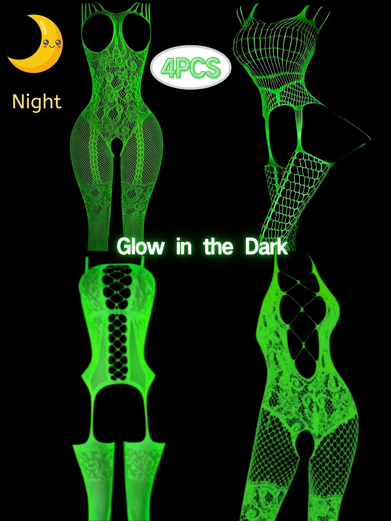 4pcs Combination Set Plus Size Women'S Mesh Luminous Lingerie Luminous Set  Curvy Luminous Lingerie Glow in The Dark Lingerie Fishnet Bodysuit Women'S  * Lingerie Fluorescent Party Cosplay Costume ...