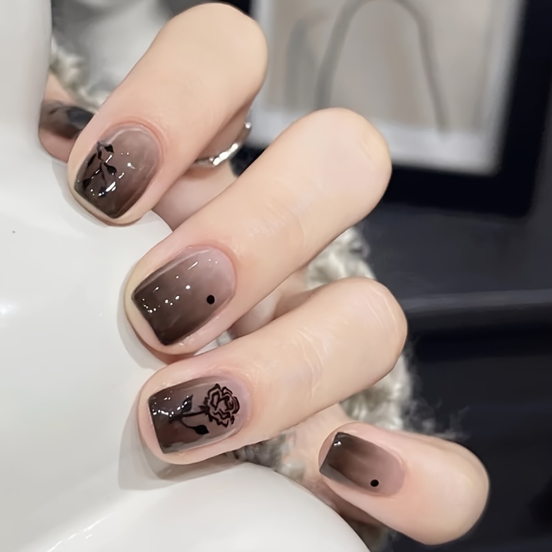 

24-piece Black Rose Floral Design Short Square Nail Tips Set With Jelly Glue & Nail File - Glossy Finish Flower Pattern Fake Nails For Women - Elegant Nail Art Decoration Kit