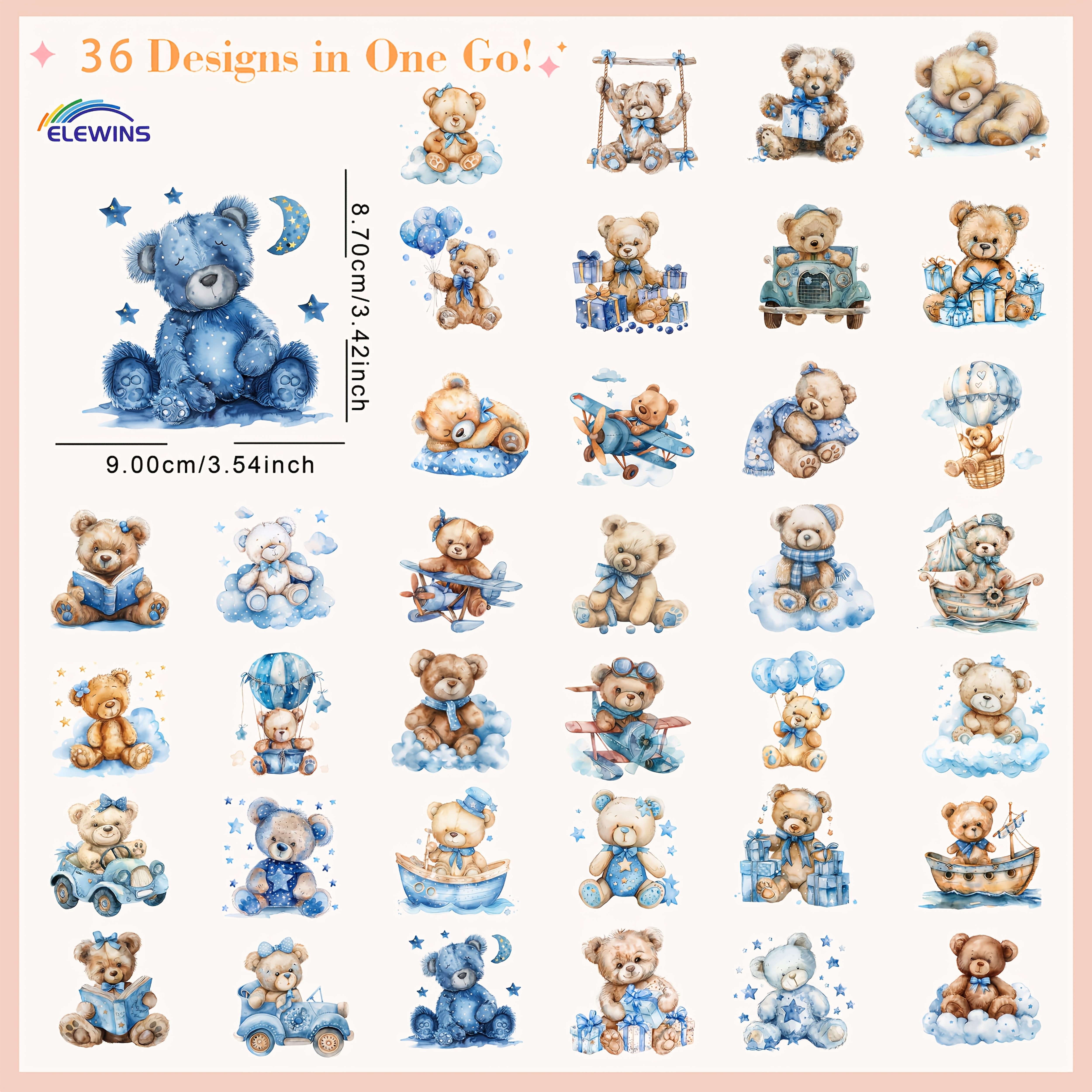 TEMU 36 Cute Blue Teddy Bear Iron-on Stickers - Heat Transfer Decorative Patches, Suitable For T-shirts, Jeans, Hats, Bags, And Stick Fabric Transfer