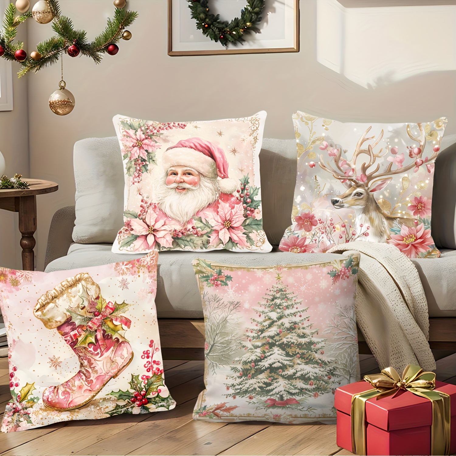 

4pcs Set Of Christmas - , , And Christmas Tree - And 18inx18in Zippered Sofa & Decorative Cushion - High Quality Polyester, , No Inserts Included, For Christmas