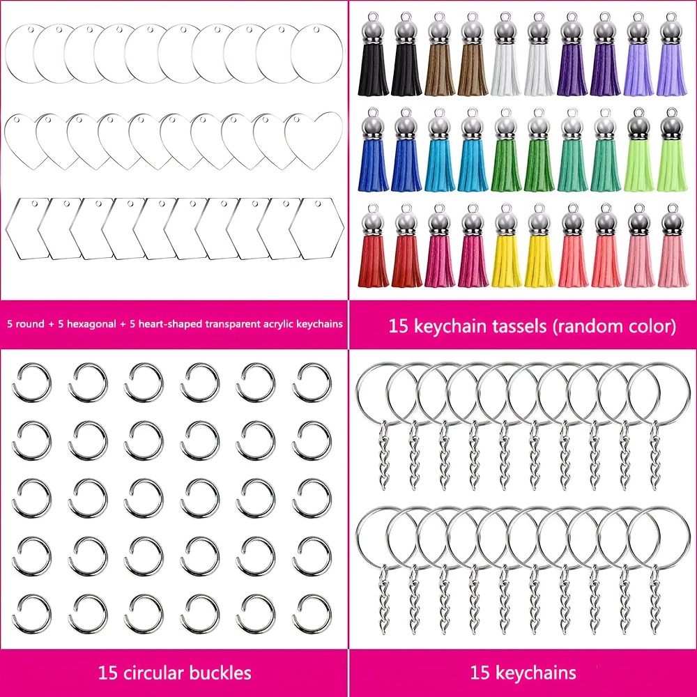 TEMU 60 Porte-clés en acrylique transparent - Incluant 5 cœurs, 5 hexagones et 5 cercles, 15 porte-clés, 15 boucles à anneau et 15 pompons (couleurs