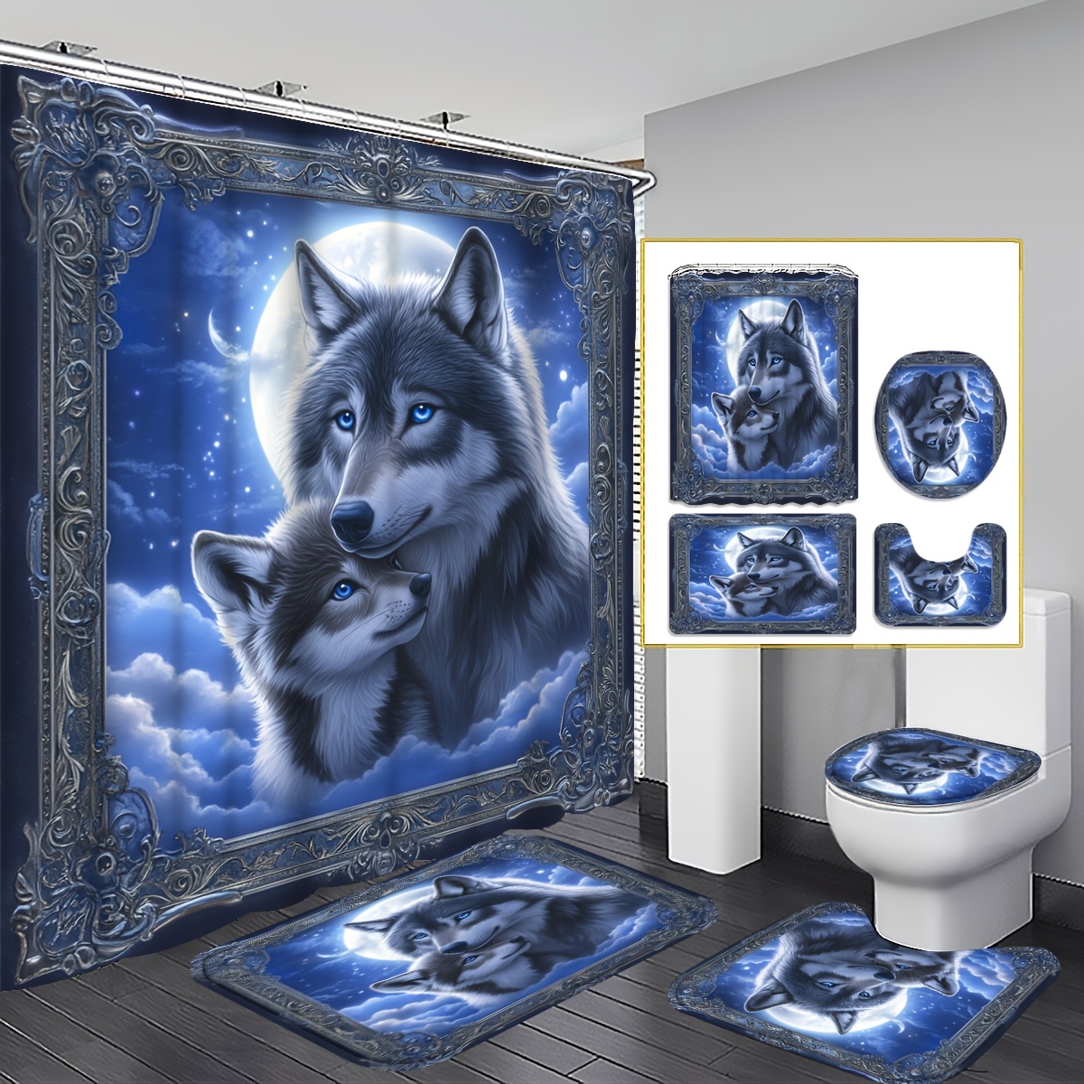 TEMU Ensemble de rideau de douche 4 pièces 2D plat, Décoration de salle de bain Paire de sous un croissant , Accessoires avec tapis de bain, Tapis en