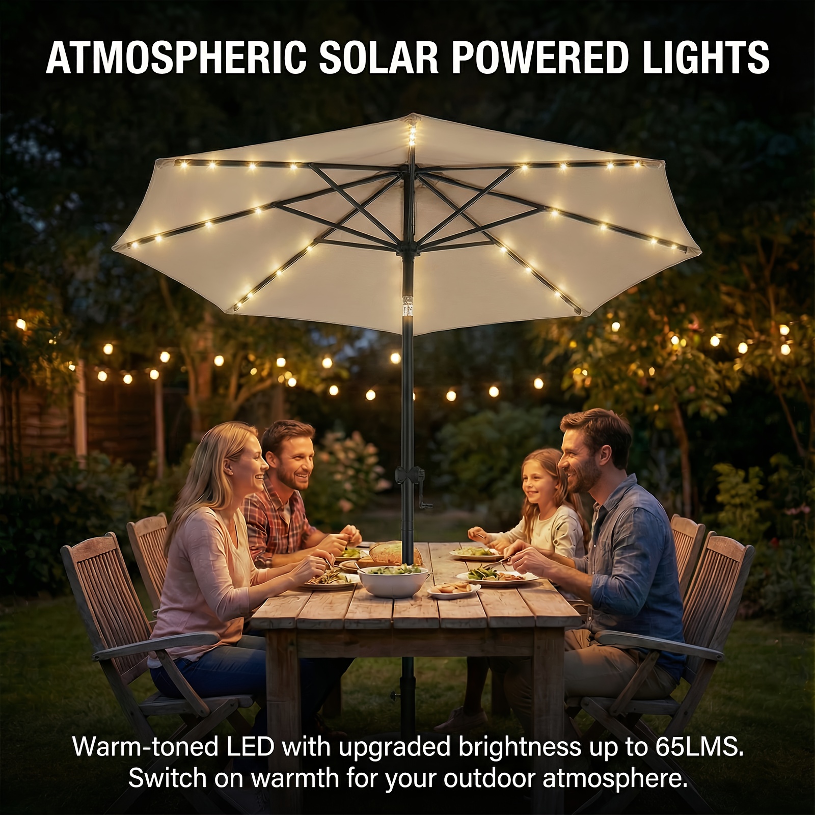 Solar 9ft Market Umbrella with Base, Deluxe 32 LED Lighted Patio Umbrella, Patio Umbrellas Outdoor Table Umbrella with Ventilation, Solar Umbrella with Push Button Tilt/Crank for Garden, Deck, Backyard, And Pool
