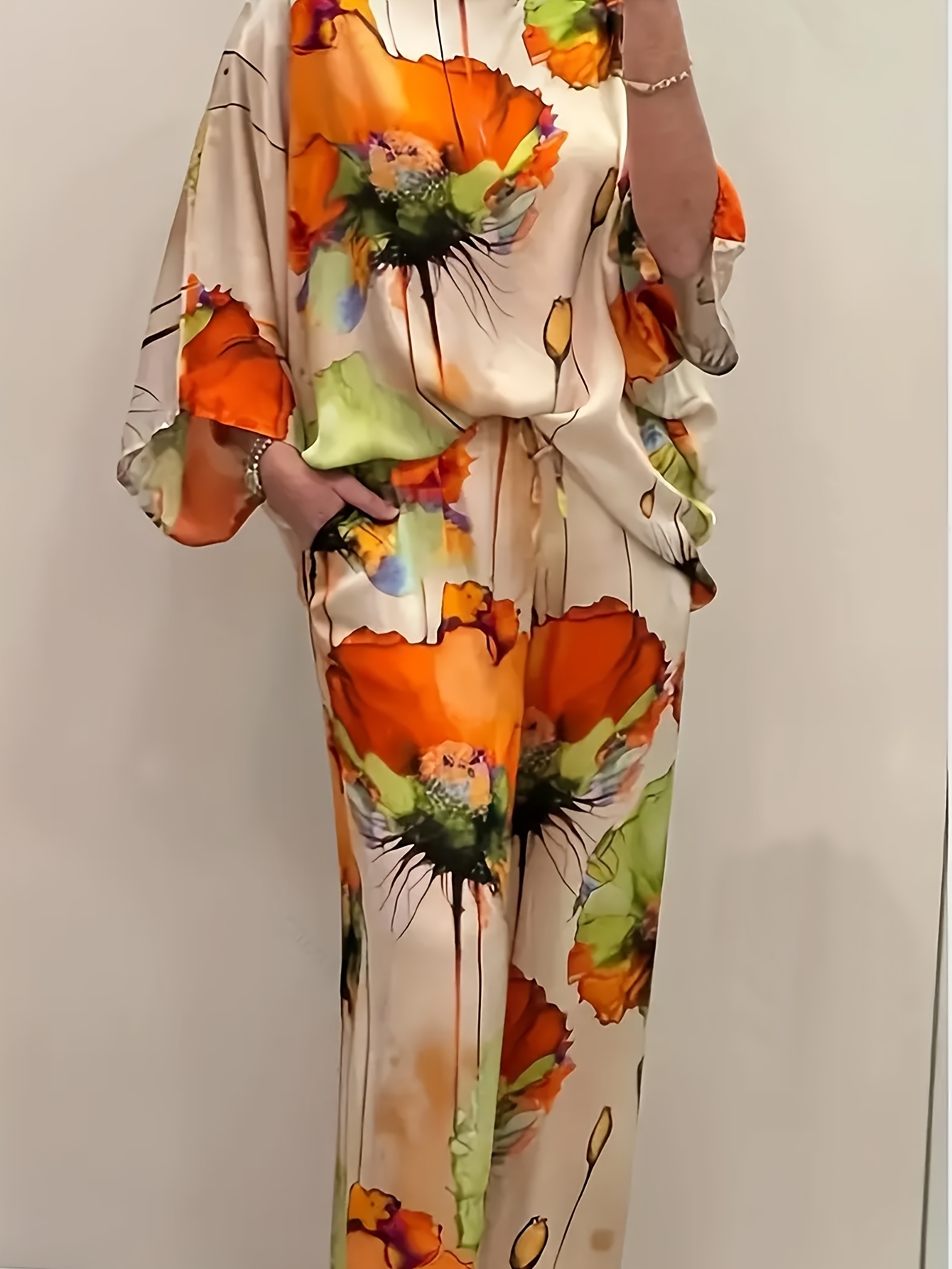 Women's Pullover Top and Pants Set, Casual Loose Fit Printed Two-Piece Outfit, Medium Weight Fabric, Suitable for Spring, Summer, and Autumn